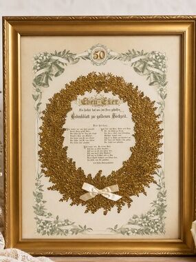 Antique German Eben-Ezer Gold Leaf Wreath Goldene Hochzeit Framed Commemorative